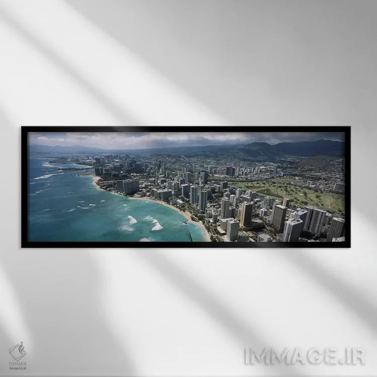 تابلو دکوراتیو Waikiki Beach, Honolulu, Oahu, Hawaii, USA,نمای هوایی س… اثر پانورامیک ایمجز - نمای قابدار مشکی