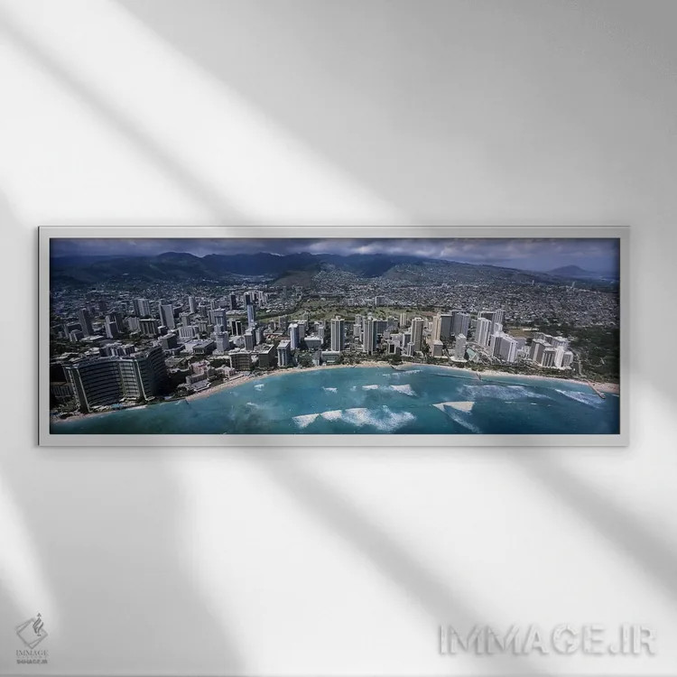 تابلو دکوراتیو Waikiki Beach, Honolulu, Oahu, Hawaii, USA,نمای هوایی ا… اثر پانورامیک ایمجز - نمای قابدار سفید