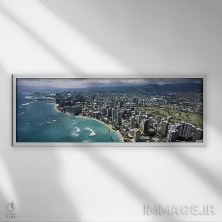 تابلو دکوراتیو Waikiki Beach, Honolulu, Oahu, Hawaii, USA,نمای هوایی س… اثر پانورامیک ایمجز - نمای قابدار سفید