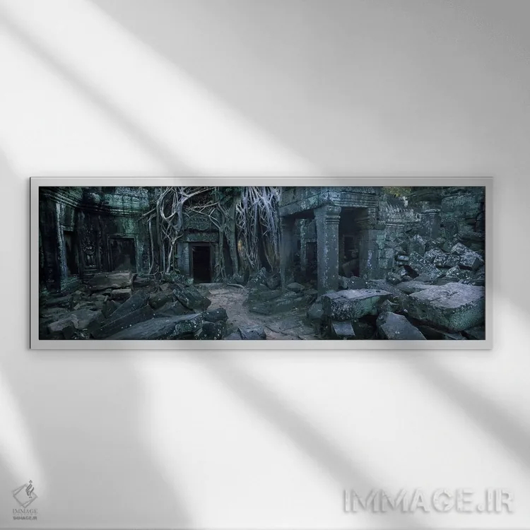 تابلو دکوراتیو Ta Prohm Temple, Angkor, Cambodia,ریشه های درخت روییده… اثر پانورامیک ایمجز - نمای قابدار سفید
