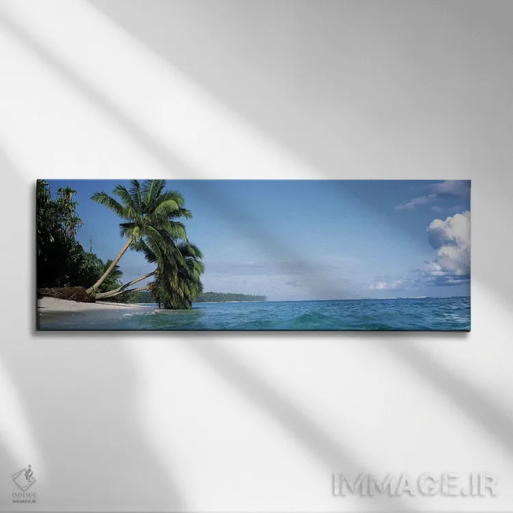 تابلو دکوراتیو نخل های خم شده در چشم انداز گرمسیری اثر پانورامیک ایمجز - نمای روبهرو روی دیوار