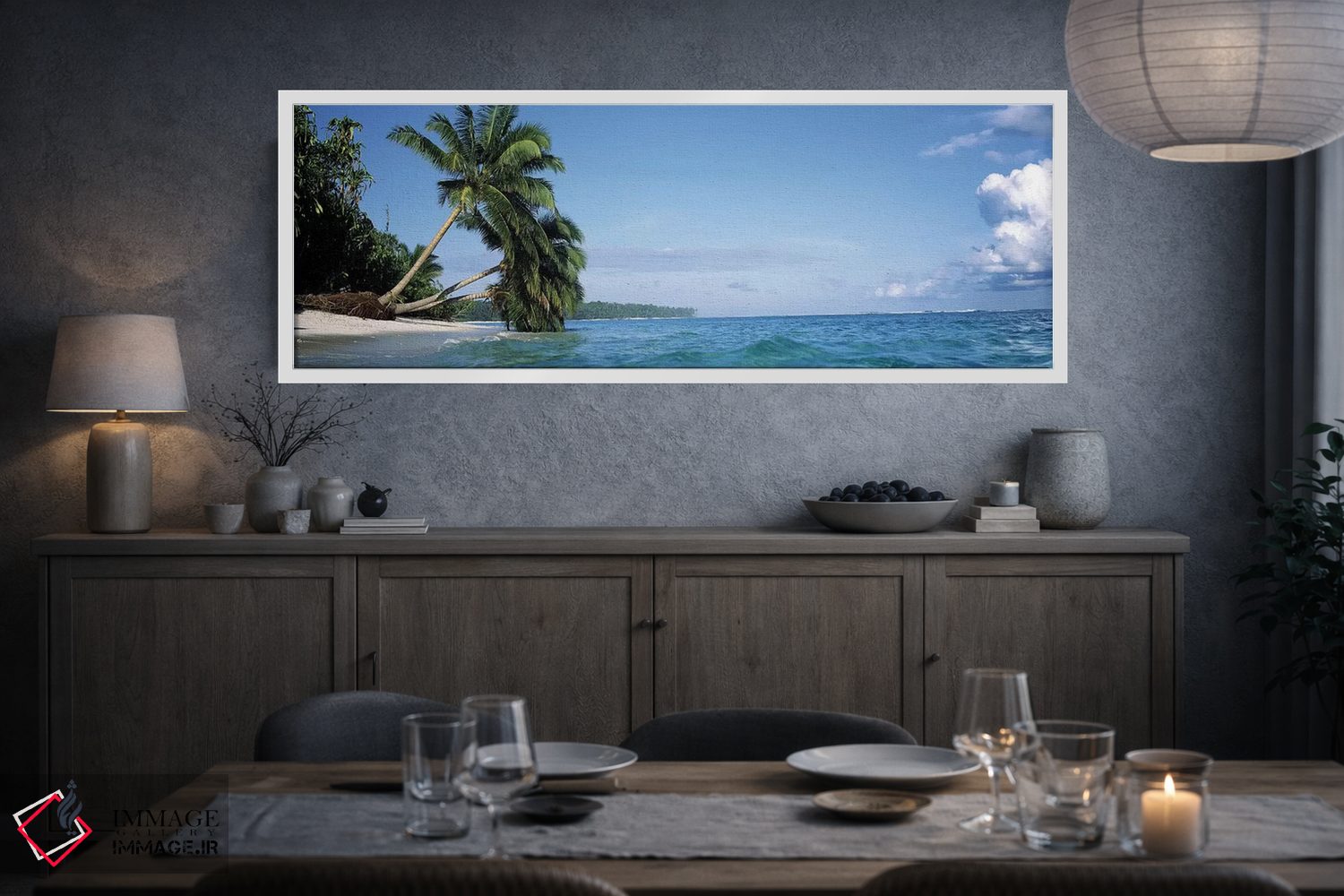 تابلو دکوراتیو نخل های خم شده در چشم انداز گرمسیری اثر پانورامیک ایمجز - D3W