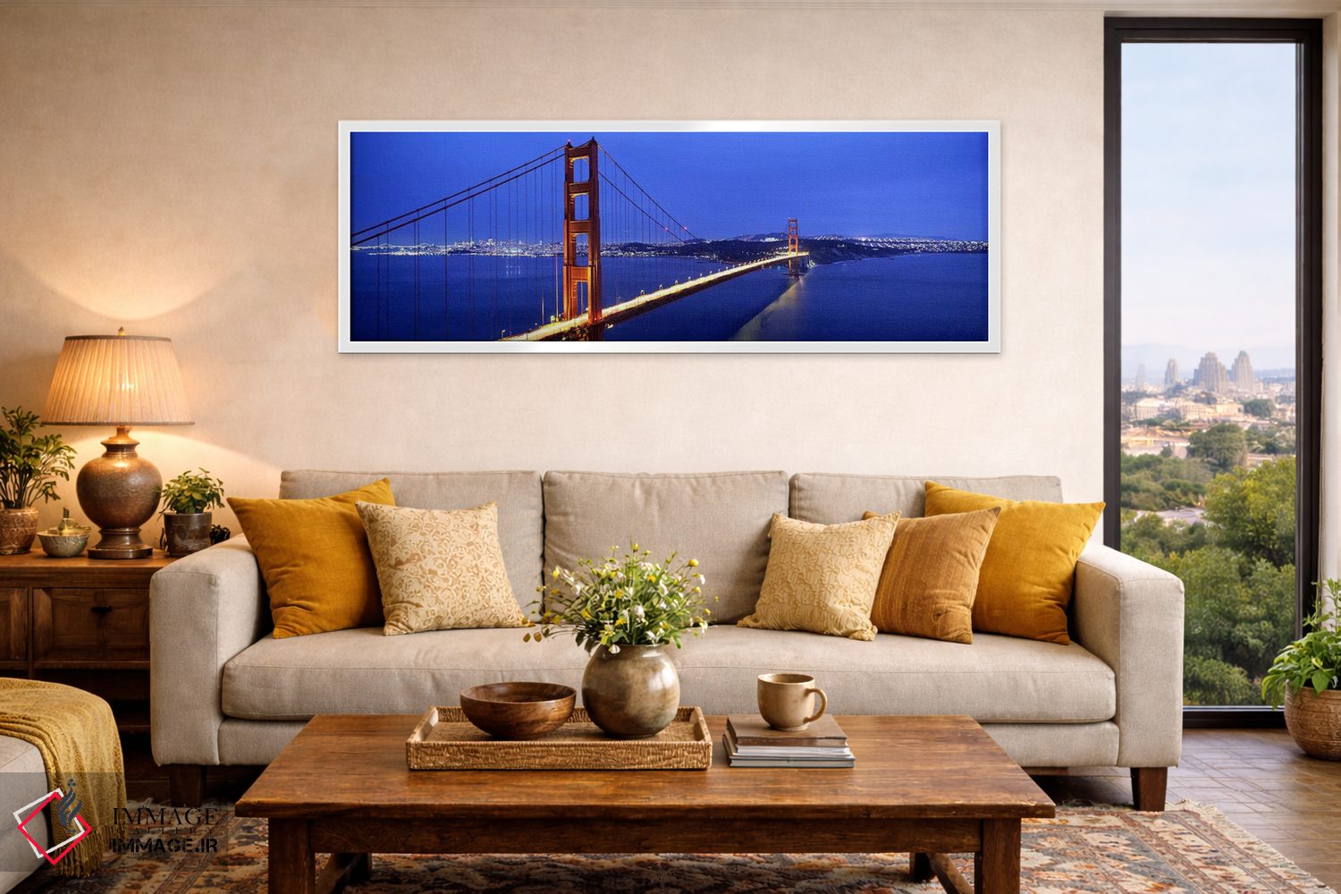 تابلو دکوراتیو San Francisco, California, USA,پل معلق روشن در غروب، پل… اثر پانورامیک ایمجز - D3W