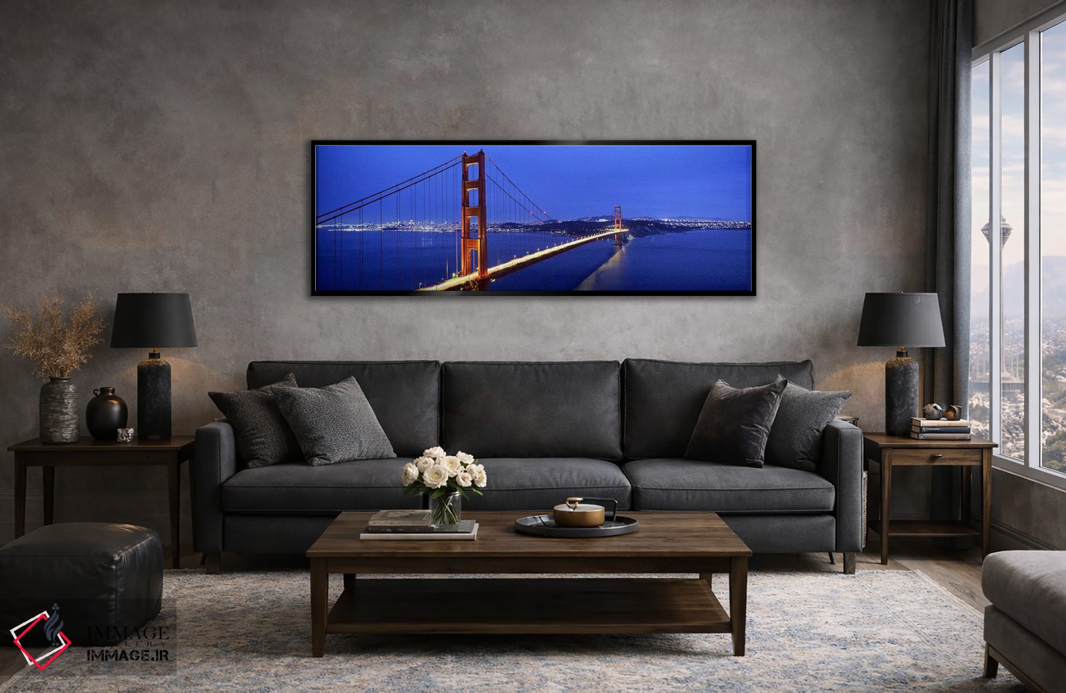 تابلو دکوراتیو San Francisco, California, USA,پل معلق روشن در غروب، پل… اثر پانورامیک ایمجز - D5B