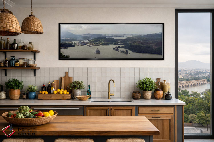 تابلو دکوراتیو نمای هوایی از کانال پاناما با قفل های میرافلورس و پل آم… اثر پانورامیک ایمجز - D4B