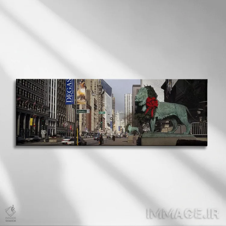 تابلو دکوراتیو Chicago, Cook County, Illinois, USA,مجسمه شیر برنزی در… اثر پانورامیک ایمجز - نمای روبهرو روی دیوار