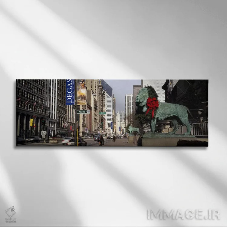 تابلو دکوراتیو Chicago, Cook County, Illinois, USA,مجسمه شیر برنزی در… اثر پانورامیک ایمجز - نمای روبهرو روی دیوار