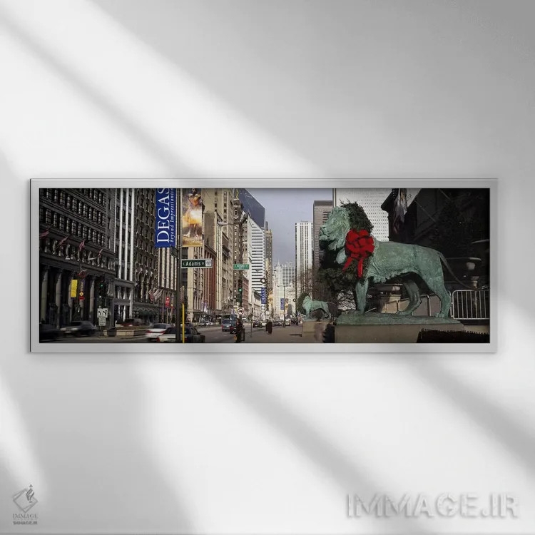 تابلو دکوراتیو Chicago, Cook County, Illinois, USA,مجسمه شیر برنزی در… اثر پانورامیک ایمجز - نمای قابدار سفید