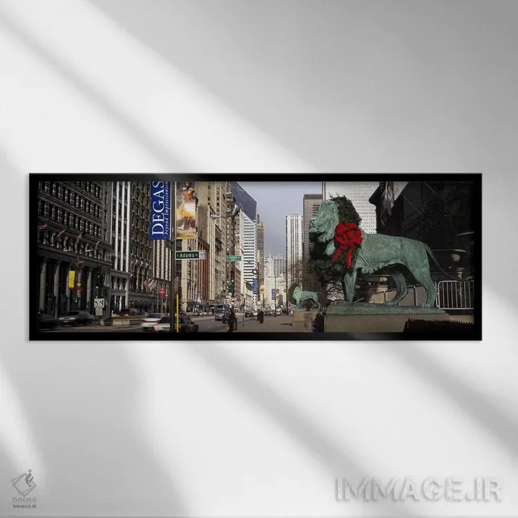 تابلو دکوراتیو Chicago, Cook County, Illinois, USA,مجسمه شیر برنزی در… اثر پانورامیک ایمجز - نمای قابدار مشکی