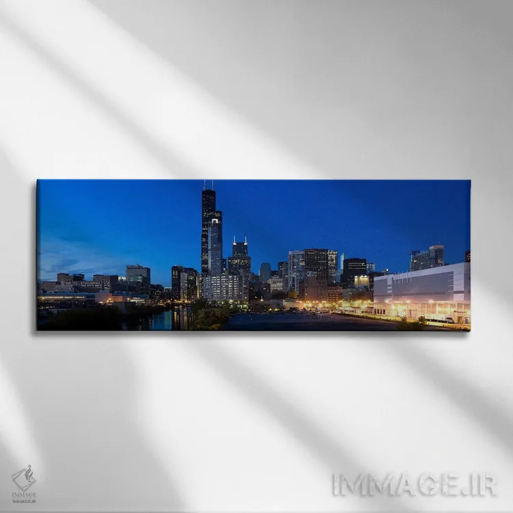 تابلو دکوراتیو Chicago, Illinois, USA,ساختمان ها در شهر روشن هنگام غرو… اثر پانورامیک ایمجز - نمای روبهرو روی دیوار