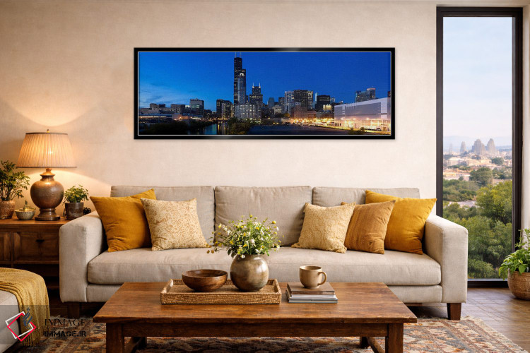 تابلو دکوراتیو Chicago, Illinois, USA,ساختمان ها در شهر روشن هنگام غرو… اثر پانورامیک ایمجز - D6B