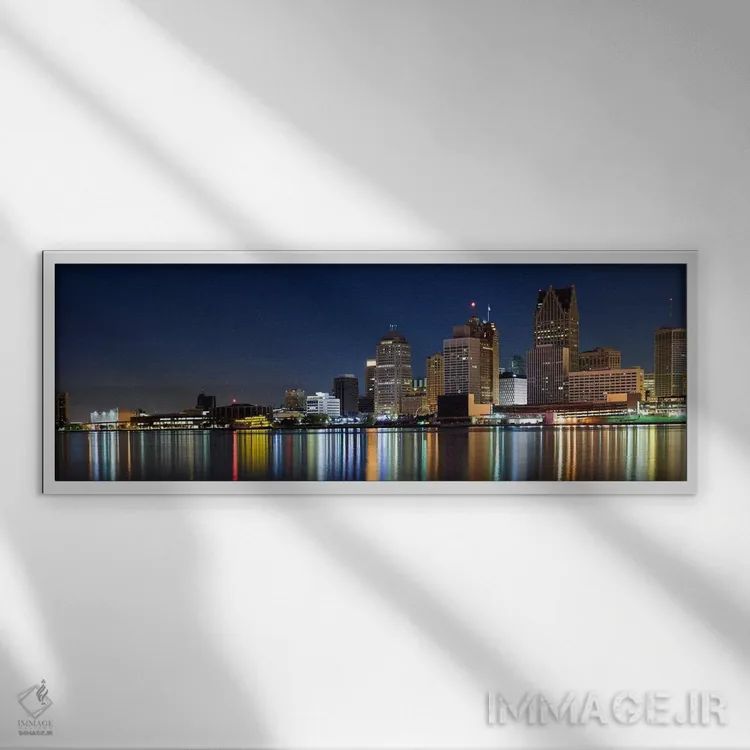 تابلو دکوراتیو Detroit River, Detroit, Michigan, USA,ساختمان ها در شهر… اثر پانورامیک ایمجز - نمای قابدار سفید