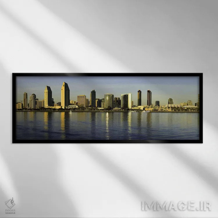 تابلو دکوراتیو San Diego, California, USA,بازتاب آسمان خراش ها در آب ه… اثر پانورامیک ایمجز - نمای قابدار مشکی