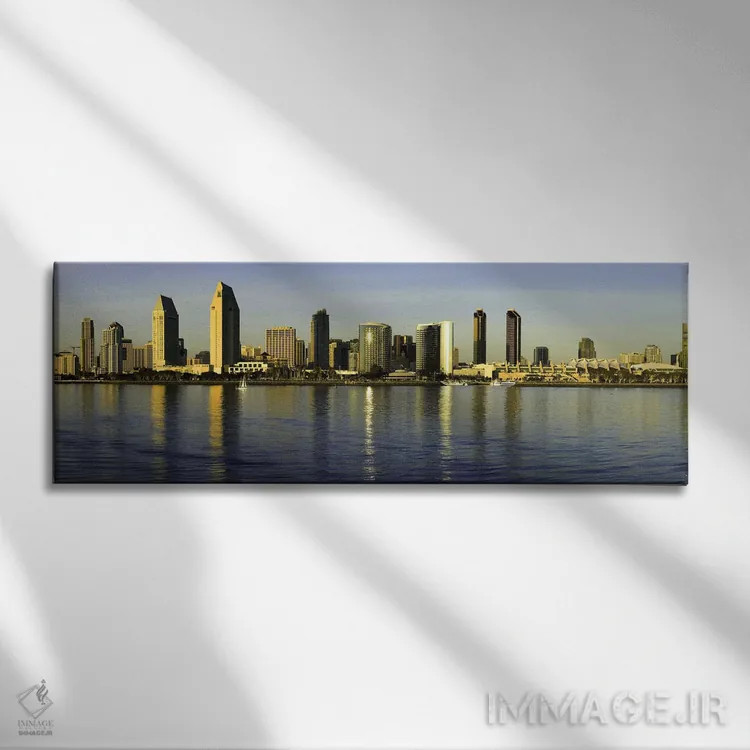 تابلو دکوراتیو San Diego, California, USA,بازتاب آسمان خراش ها در آب ه… اثر پانورامیک ایمجز - نمای روبهرو روی دیوار