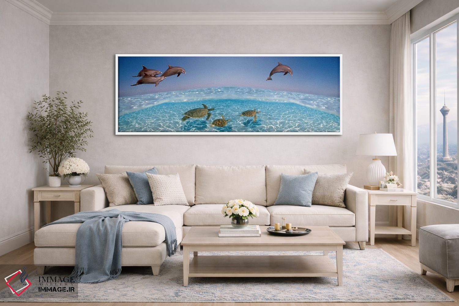 تابلو دکوراتیو دلفین بینی بطری در حال پرش و لاک پشت ها در حال شنا زیر… اثر پانورامیک ایمجز - D4W