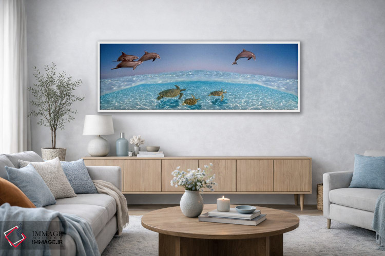 تابلو دکوراتیو دلفین بینی بطری در حال پرش و لاک پشت ها در حال شنا زیر… اثر پانورامیک ایمجز - D3W