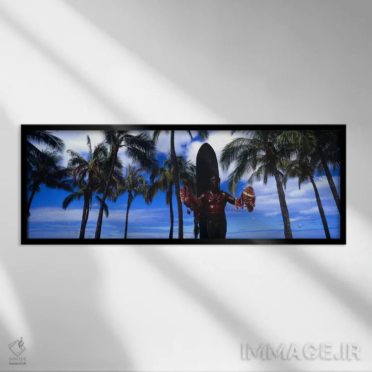 تابلو دکوراتیو Duke Kahanamoku Statue, Waikiki Beach, Honolulu, Oahu… اثر پانورامیک ایمجز - نمای قابدار مشکی