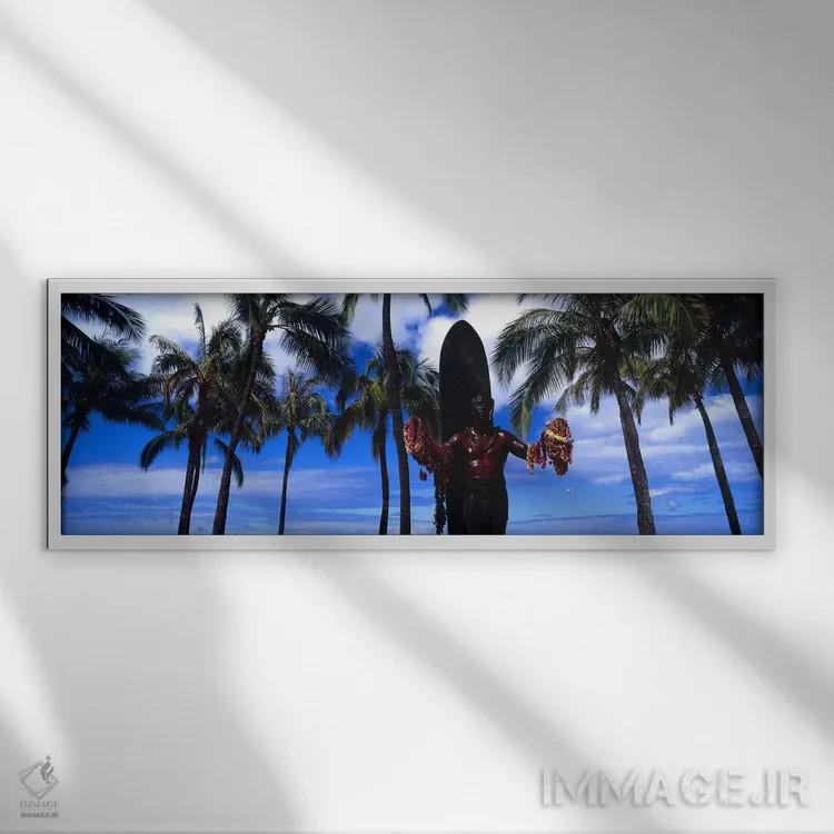 تابلو دکوراتیو Duke Kahanamoku Statue, Waikiki Beach, Honolulu, Oahu… اثر پانورامیک ایمجز - نمای قابدار سفید