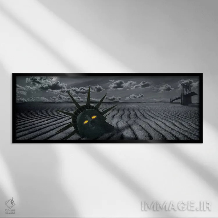 تابلو دکوراتیو صحنه ای آخرالزمانی با سر مجسمه آزادی و پل بروکلین شکسته اثر پانورامیک ایمجز - نمای قابدار مشکی