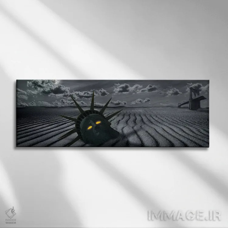 تابلو دکوراتیو صحنه ای آخرالزمانی با سر مجسمه آزادی و پل بروکلین شکسته اثر پانورامیک ایمجز - نمای روبهرو روی دیوار