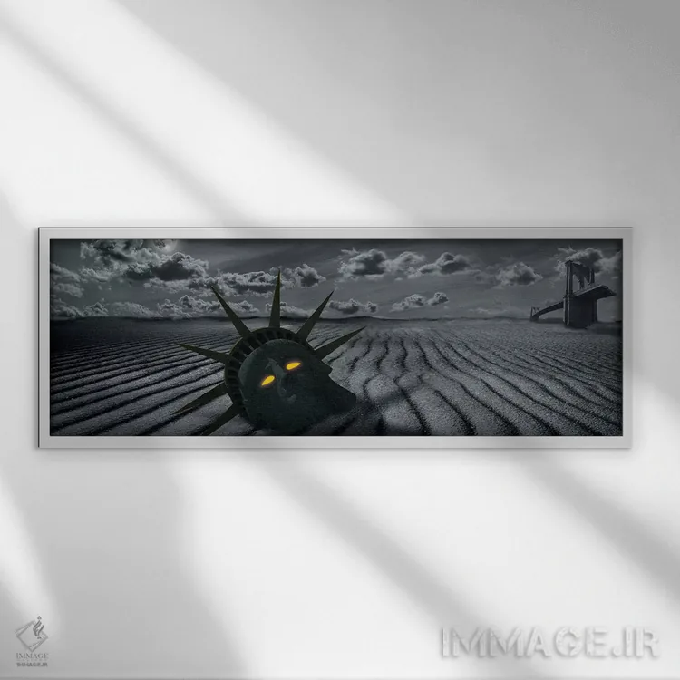 تابلو دکوراتیو صحنه ای آخرالزمانی با سر مجسمه آزادی و پل بروکلین شکسته اثر پانورامیک ایمجز - نمای قابدار سفید