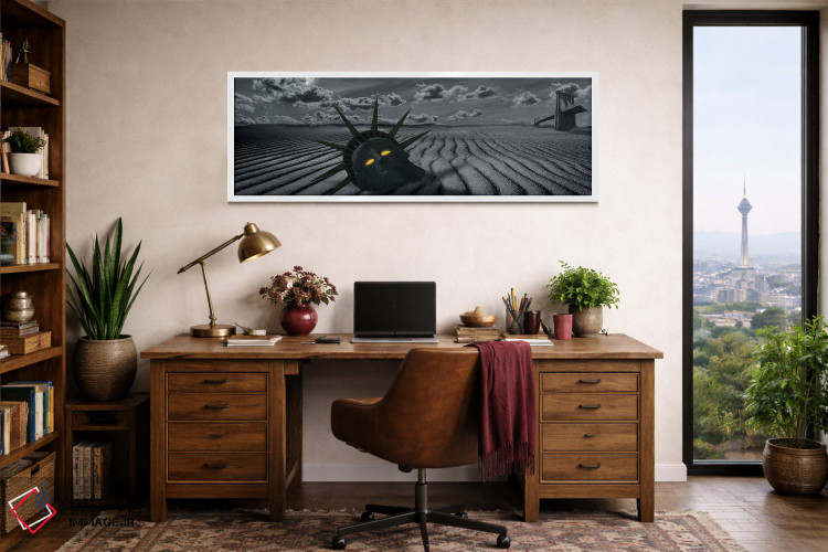 تابلو دکوراتیو صحنه ای آخرالزمانی با سر مجسمه آزادی و پل بروکلین شکسته اثر پانورامیک ایمجز - D1W