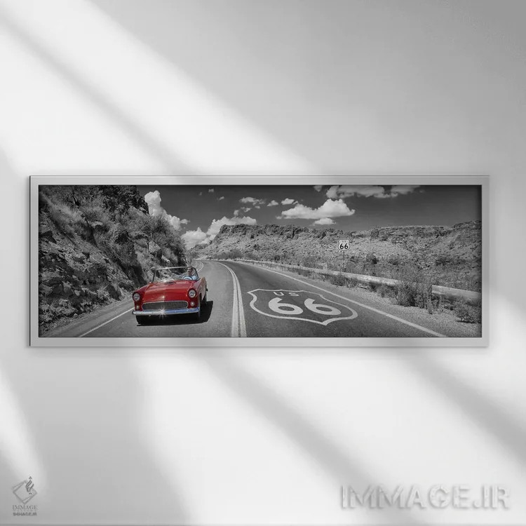 تابلو دکوراتیو Route 66, Arizona, USA,ماشین کلاسیک در حال حرکت در جاده… اثر پانورامیک ایمجز - نمای قابدار سفید