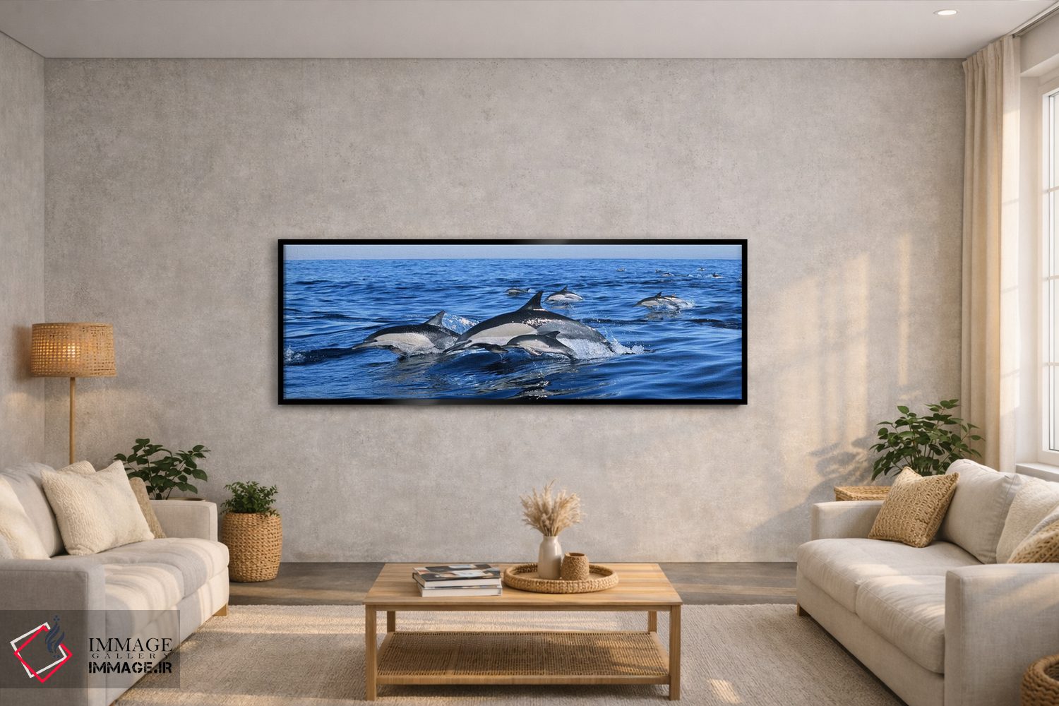 تابلو دکوراتیو دلفین های معمولی در حال پریدن از آب دریا اثر پانورامیک ایمجز - D4B