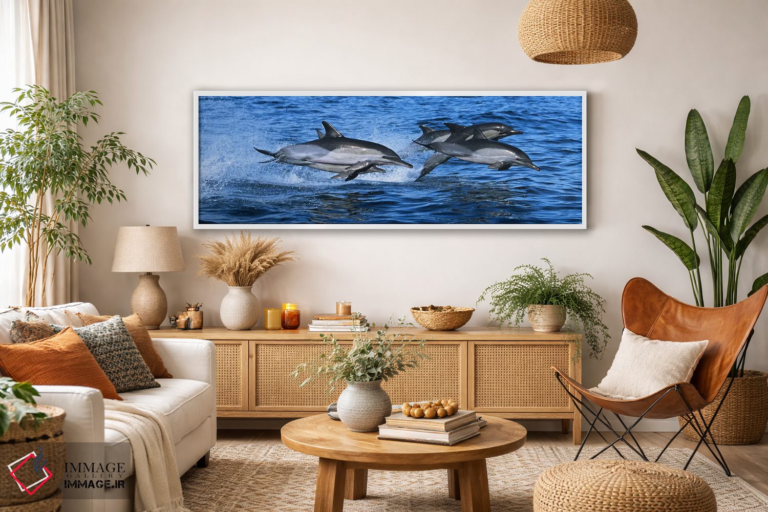 تابلو دکوراتیو دلفین های معمولی در حال پریدن از آب دریا اثر پانورامیک ایمجز - D3W