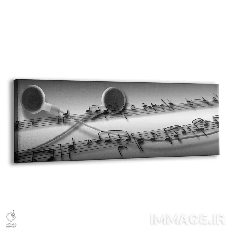 تابلو دکوراتیو نت های موسیقی قرار گرفته روی هدفون اثر پانورامیک ایمجز - نمای پرسپکتیو محصول