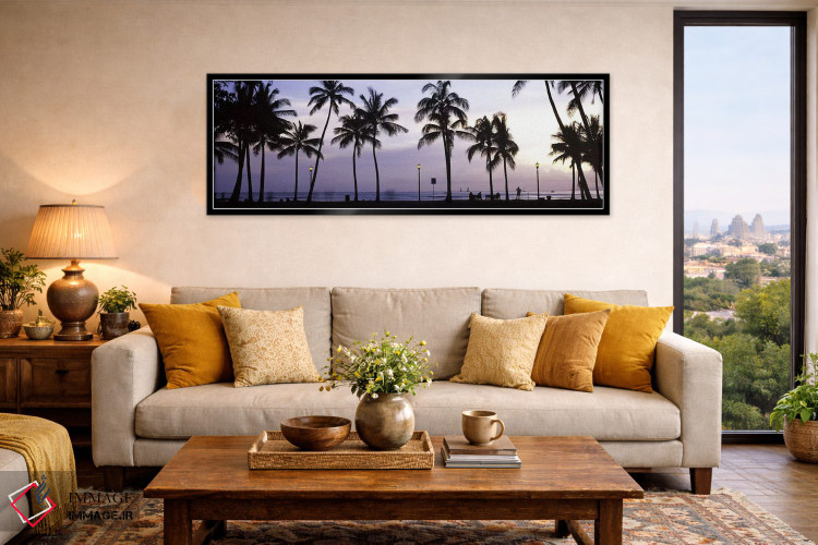 تابلو دکوراتیو Waikiki, Honolulu, Oahu, Hawaii, USA,درختان نخل در ساحل… اثر پانورامیک ایمجز - D6B