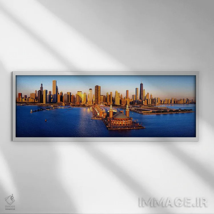 تابلو دکوراتیو Chicago, Cook County, Illinois, USA,طلوع آفتاب در اسکله… اثر پانورامیک ایمجز - نمای قابدار سفید