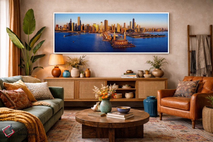 تابلو دکوراتیو Chicago, Cook County, Illinois, USA,طلوع آفتاب در اسکله… اثر پانورامیک ایمجز - D2W