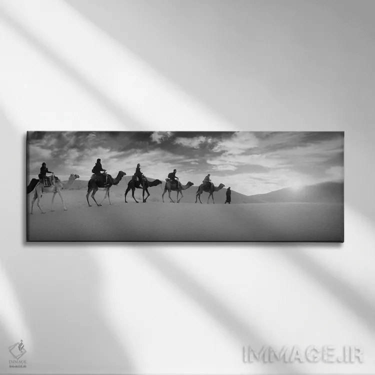 تابلو دکوراتیو Morocco,توریست ها سواره بر شتر از میان چشم انداز صحرای… اثر پانورامیک ایمجز - نمای روبهرو روی دیوار