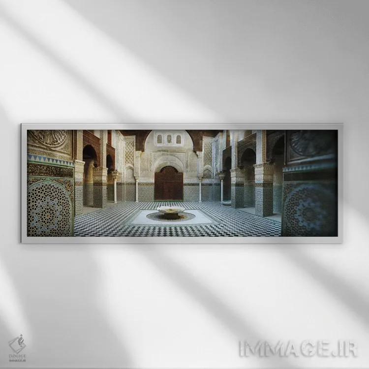 تابلو دکوراتیو Medersa Bou Inania, Fez, Morocco,فضای داخلی مدرسه، مدرس… اثر پانورامیک ایمجز - نمای قابدار سفید