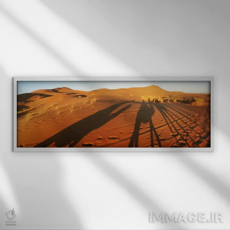 تابلو دکوراتیو Sahara Desert, Morocco,سایه شترسواران در صحرا هنگام غرو… اثر پانورامیک ایمجز - نمای قابدار سفید