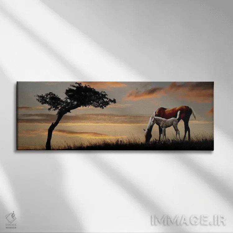 تابلو دکوراتیو مباورها و کره اسب در حال چرا در کنار درخت هنگام غروب اثر پانورامیک ایمجز - نمای روبهرو روی دیوار