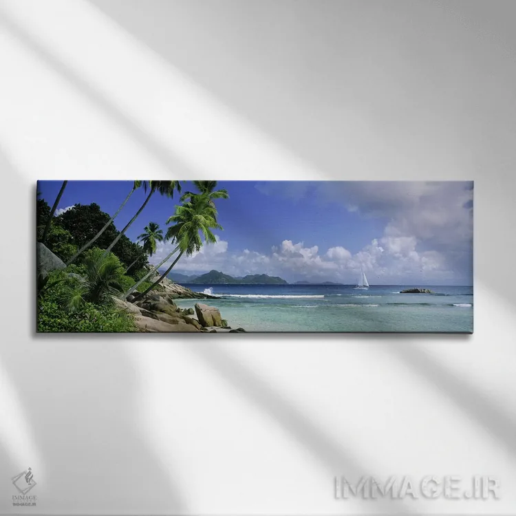 تابلو دکوراتیو La Digue, Seychelles,منظره ساحلی با نمای دور از جزیره پ… اثر پانورامیک ایمجز - نمای روبهرو روی دیوار