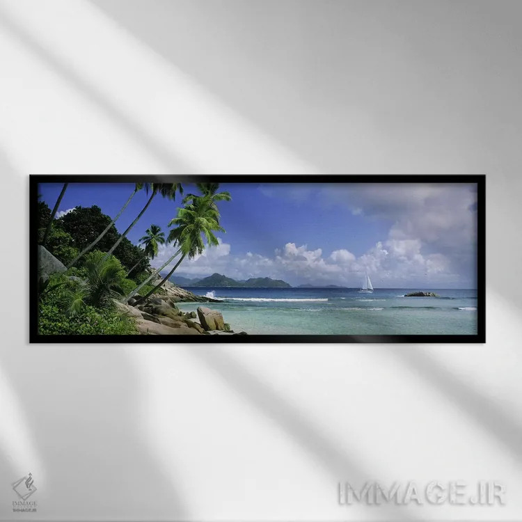 تابلو دکوراتیو La Digue, Seychelles,منظره ساحلی با نمای دور از جزیره پ… اثر پانورامیک ایمجز - نمای قابدار مشکی