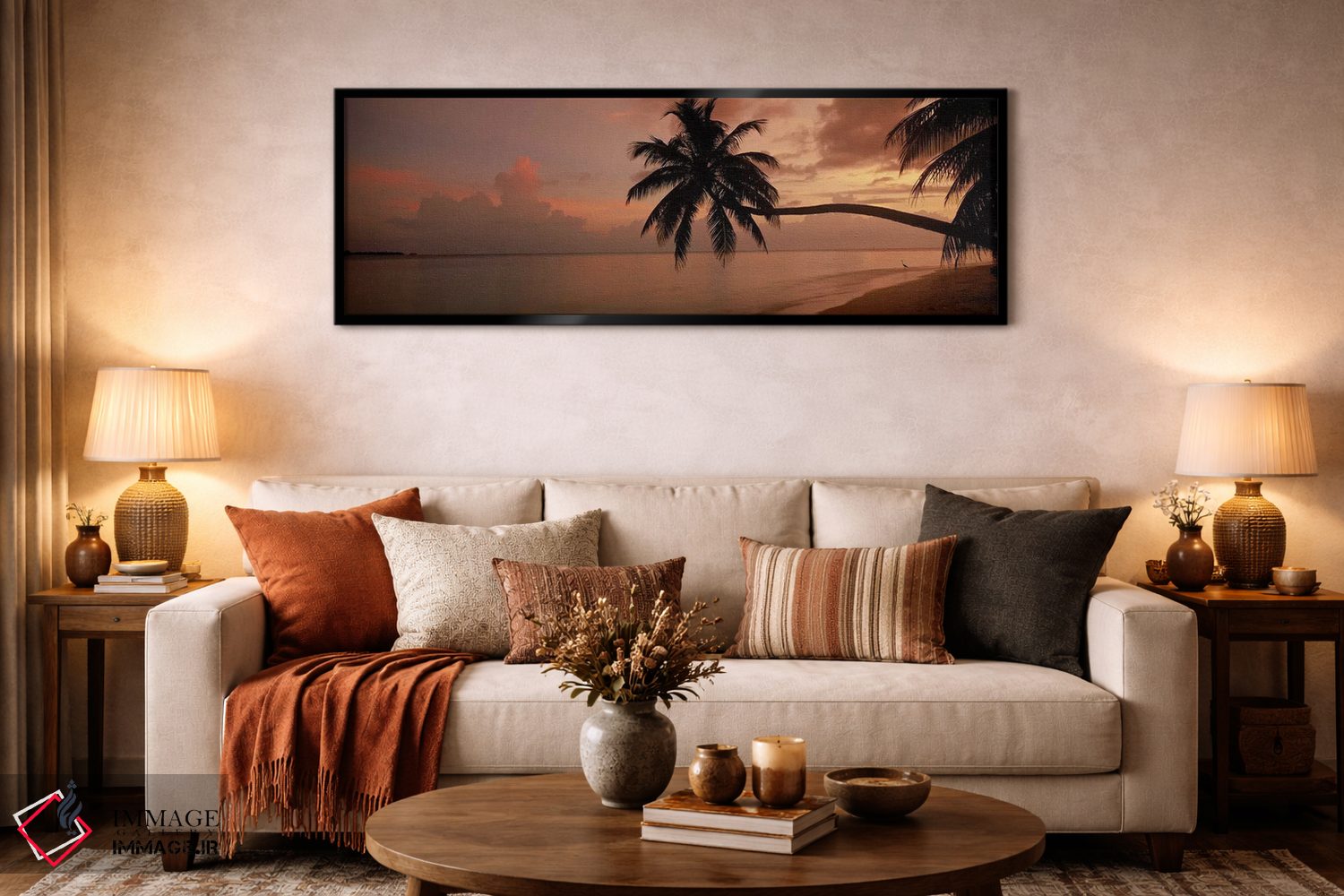تابلو دکوراتیو Maldives,سایه نخل ها در ساحل هنگام طلوع، جزیره فیهالهوی… اثر پانورامیک ایمجز - D5B