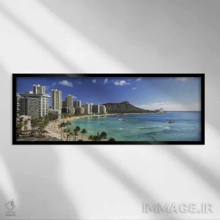 تابلو دکوراتیو Waikiki Beach, Oahu, Honolulu, Hawaii, USA,ساختمان ها د… اثر پانورامیک ایمجز - نمای قابدار مشکی