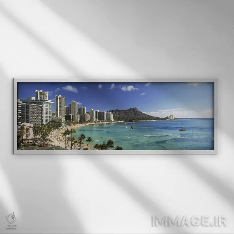 تابلو دکوراتیو Waikiki Beach, Oahu, Honolulu, Hawaii, USA,ساختمان ها د… اثر پانورامیک ایمجز - نمای قابدار سفید