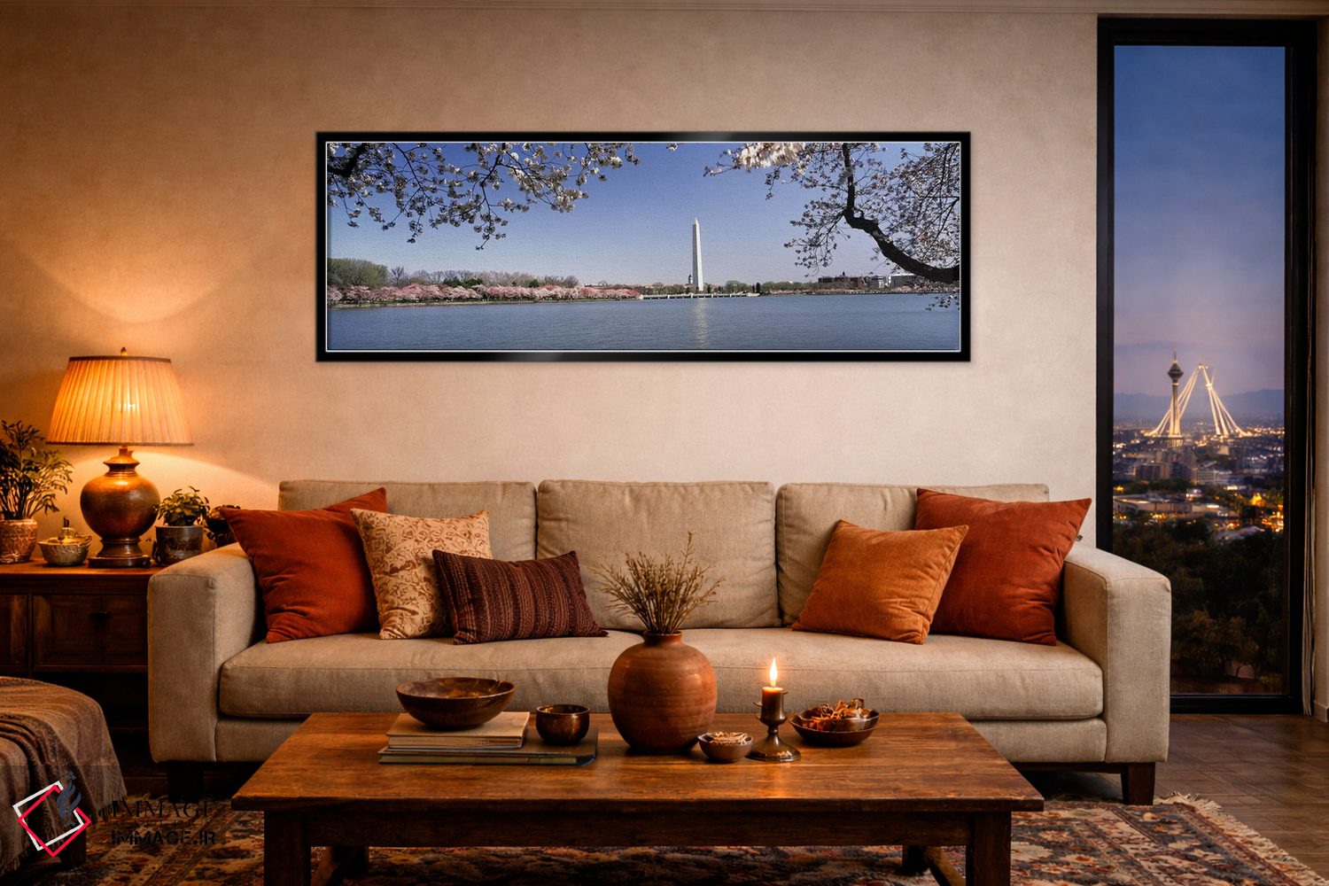 تابلو دکوراتیو Tidal Basin, Washington DC, USA,شکوفه گیلاس با بنای یاد… اثر پانورامیک ایمجز - D5B