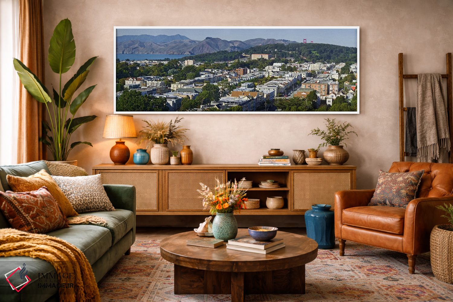 تابلو دکوراتیو Golden Gate Bridge Towers visible above the Presidio, S… اثر پانورامیک ایمجز - D3W