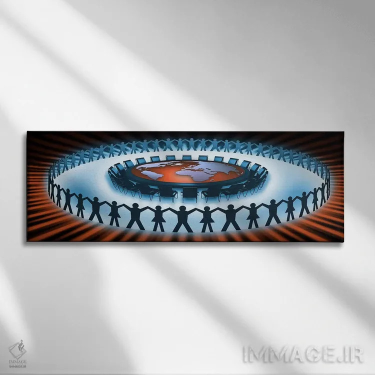 تابلو دکوراتیو حلقه ای از افراد دور میز نقشه جهان اثر پانورامیک ایمجز - نمای روبهرو روی دیوار