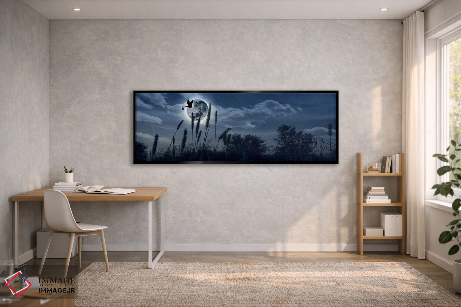 تابلو دکوراتیو لک لک در حال پرواز با نوزاد در منقار بر فراز ماه اثر پانورامیک ایمجز - D2B
