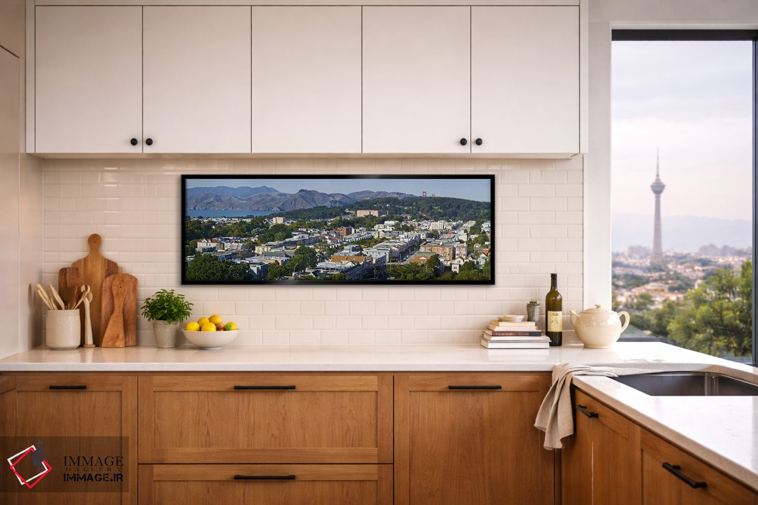 تابلو دکوراتیو Golden Gate Bridge Towers visible above the Presidio, S… اثر پانورامیک ایمجز - D5B