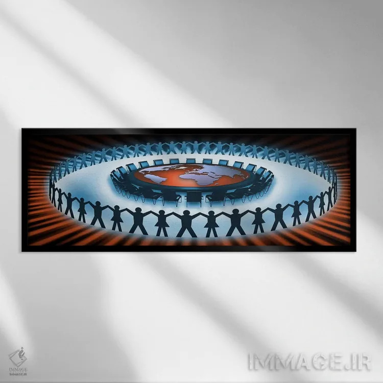 تابلو دکوراتیو حلقه ای از افراد دور میز نقشه جهان اثر پانورامیک ایمجز - نمای قابدار مشکی