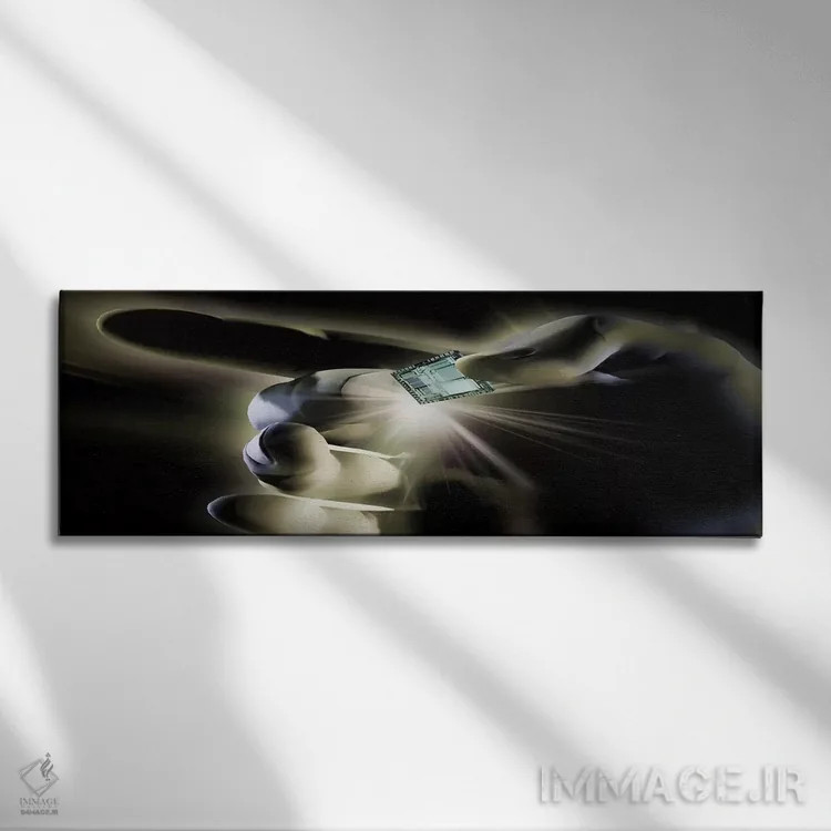 تابلو دکوراتیو نمای نزدیک از دستی که یک ریزتراشه را نگه داشته است اثر پانورامیک ایمجز - نمای روبهرو روی دیوار