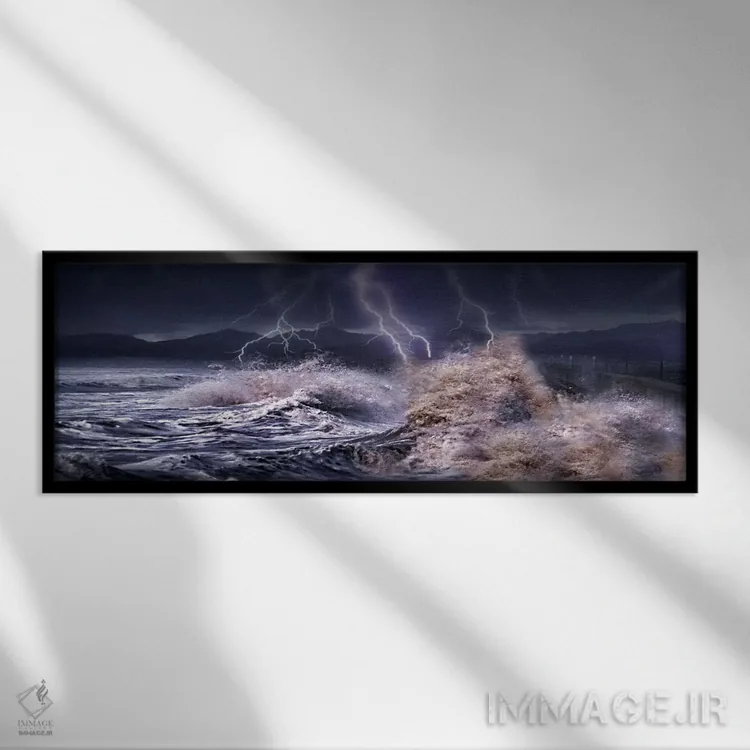 تابلو دکوراتیو امواج طوفانی که به بتن برخورد می کنند اثر پانورامیک ایمجز - نمای قابدار مشکی